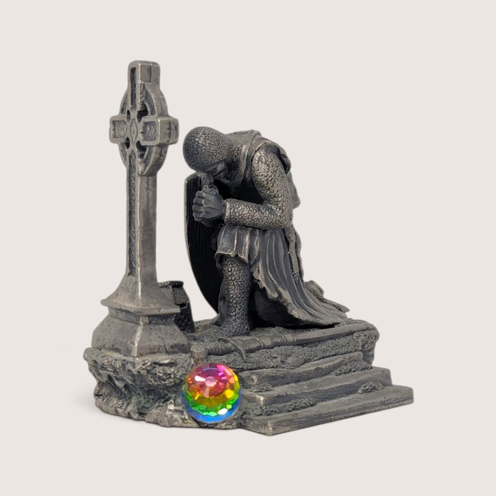 Vintage Vigil Of Sir Galahad Pewter Figurine | Medieval Knight Cross Statue